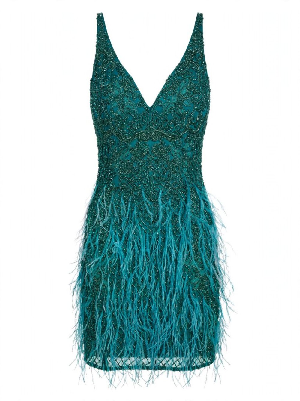 Primavera Couture 12073 Teal Beaded Feather Mini Dress 10 NWT